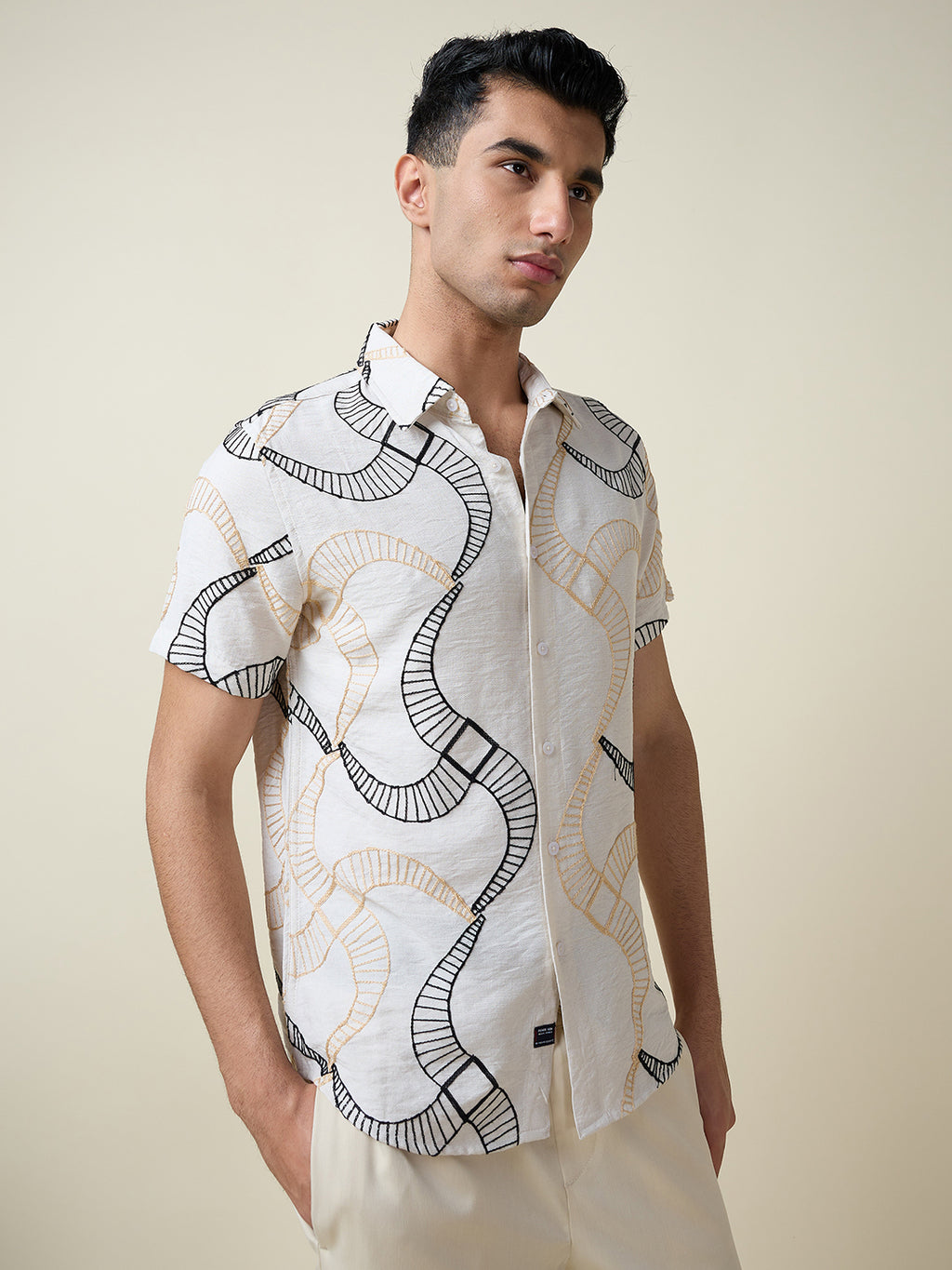 Thomas Scott Men Beige Short Sleeves Spread Collar Slim Fit Embroidered Shirt