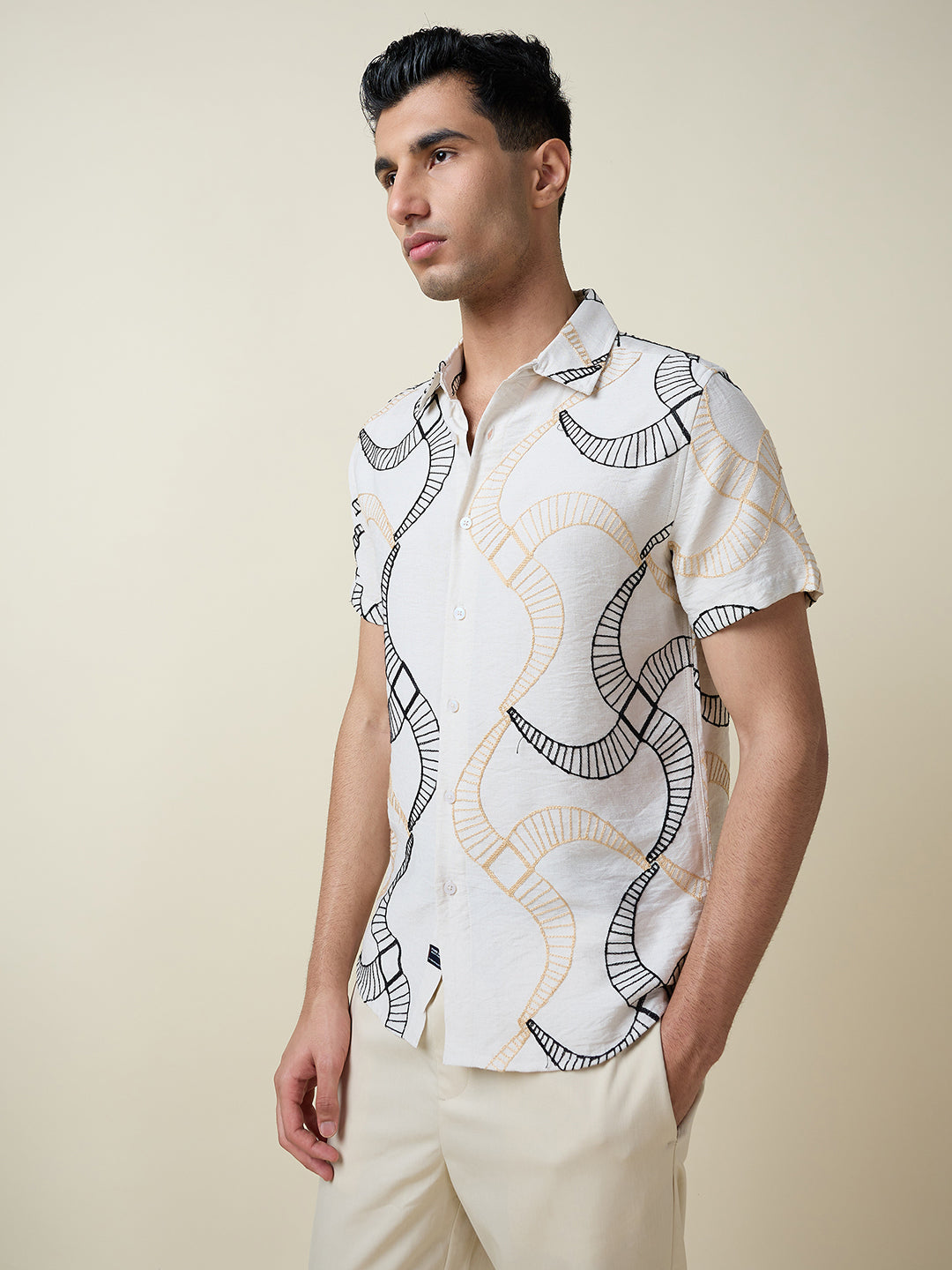 Thomas Scott Men Beige Short Sleeves Spread Collar Slim Fit Embroidered Shirt