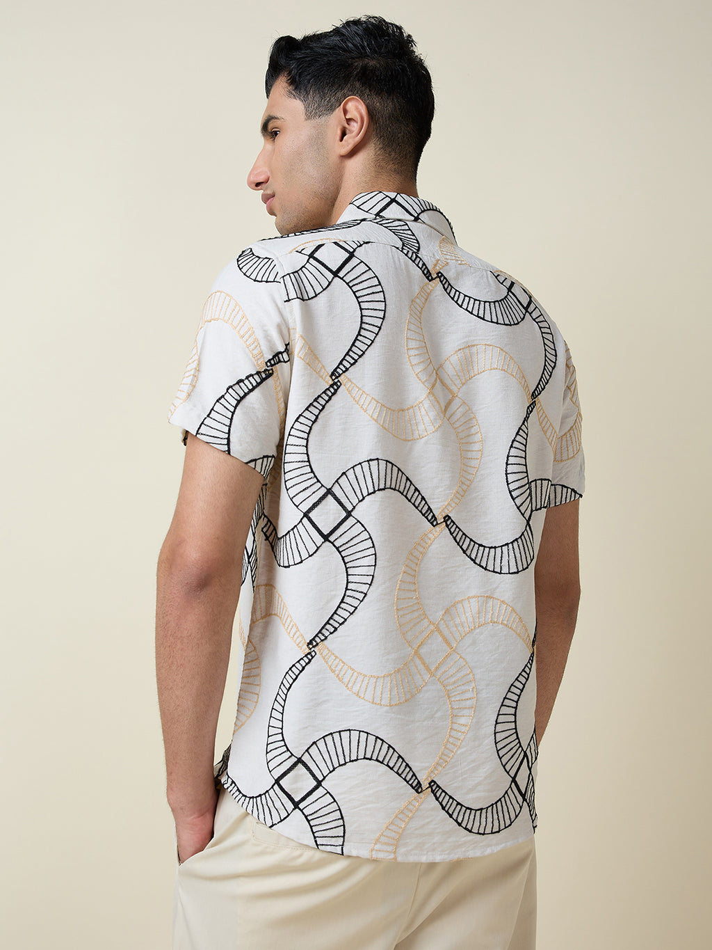 Thomas Scott Men Beige Short Sleeves Spread Collar Slim Fit Embroidered Shirt