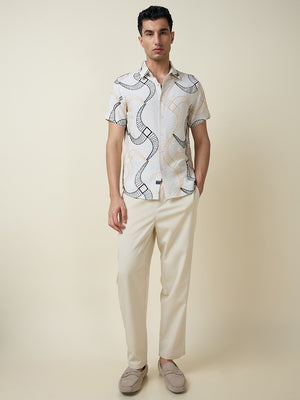 Thomas Scott Men Beige Short Sleeves Spread Collar Slim Fit Embroidered Shirt
