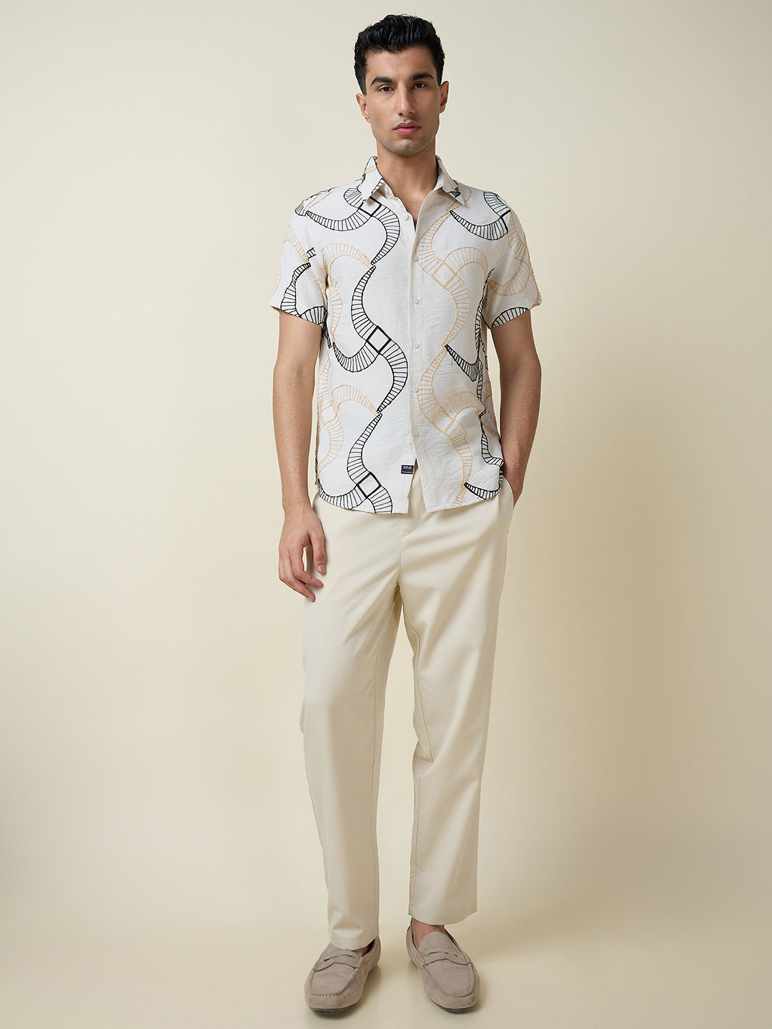 Thomas Scott Men Beige Short Sleeves Spread Collar Slim Fit Embroidered Shirt