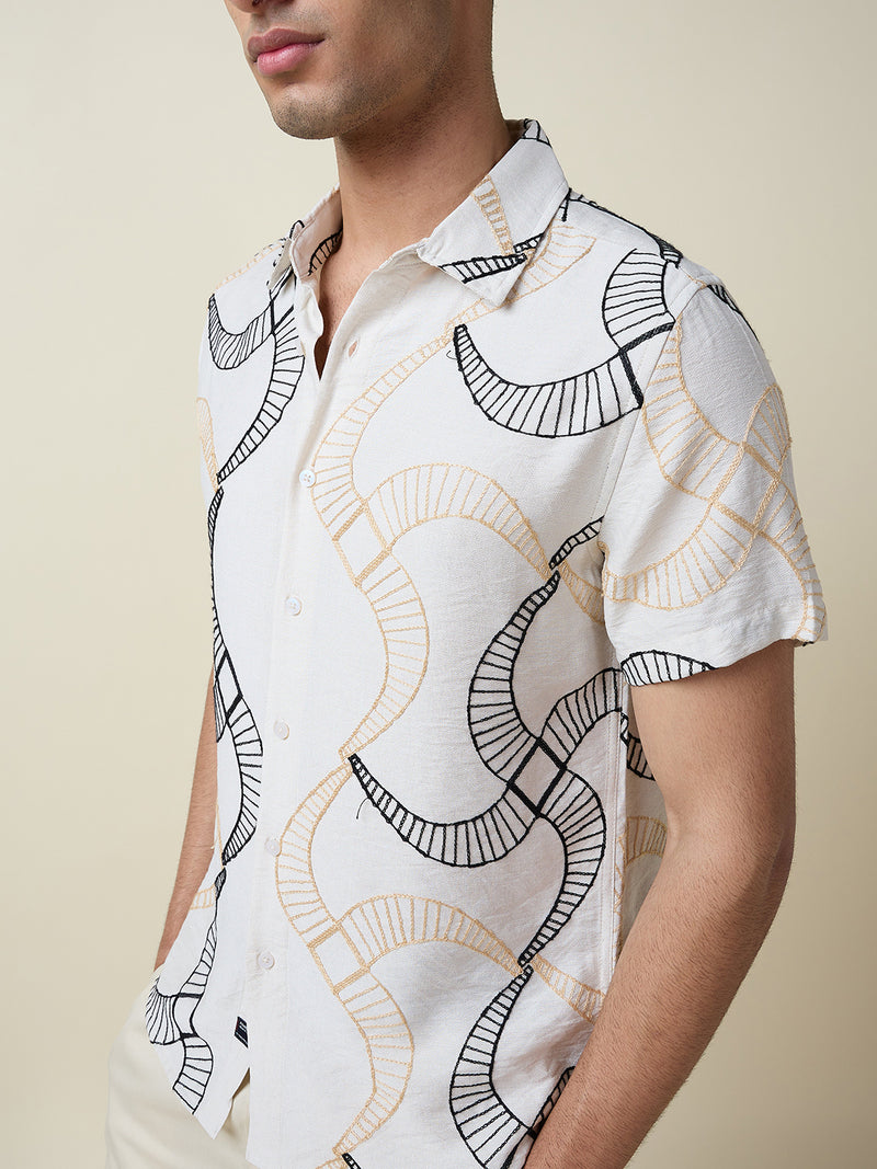 Thomas Scott Men Beige Short Sleeves Spread Collar Slim Fit Embroidered Shirt