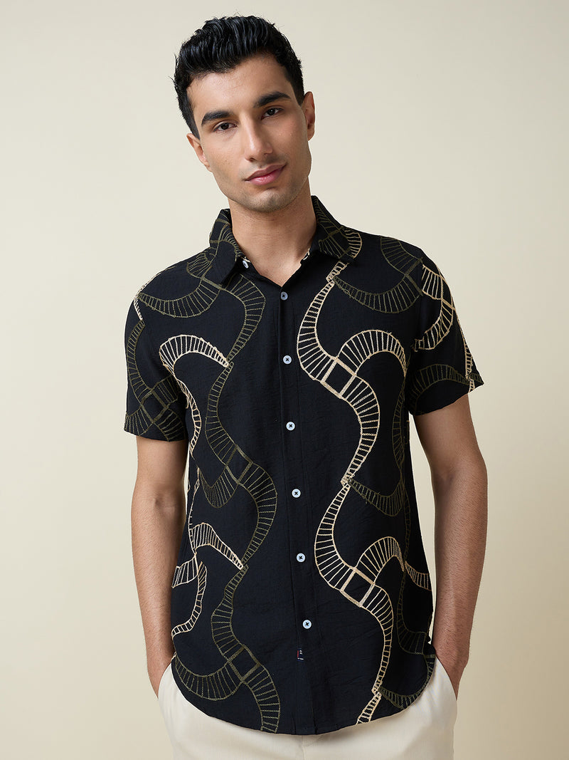 Thomas Scott Men Black Short Sleeves Spread Collar Slim Fit Embroidered Shirt