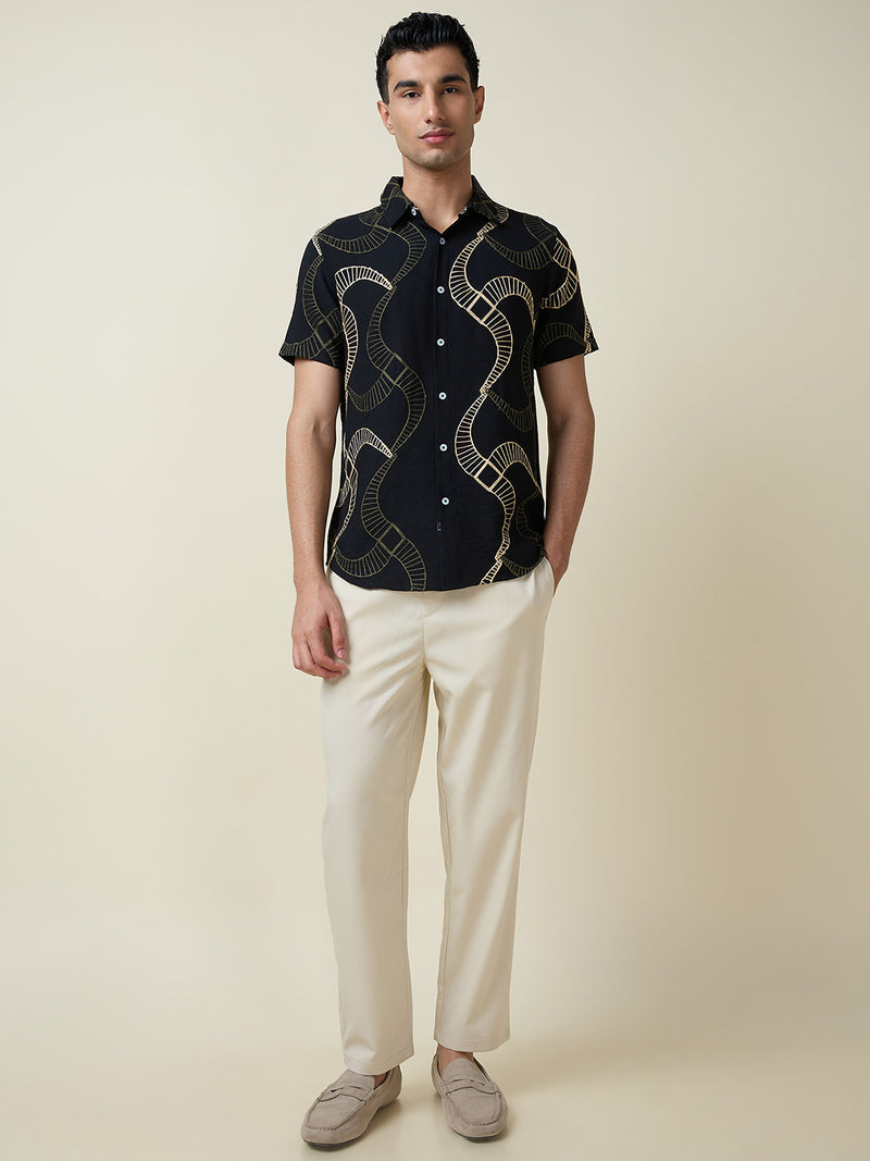 Thomas Scott Men Black Short Sleeves Spread Collar Slim Fit Embroidered Shirt