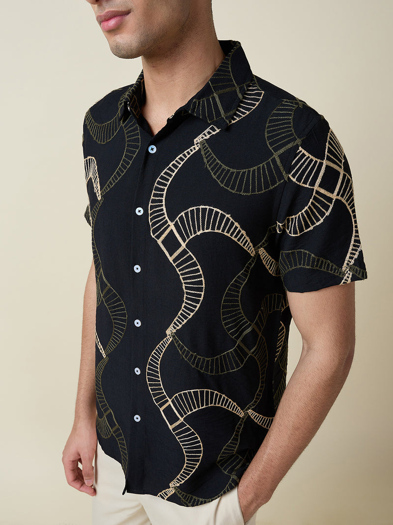 Thomas Scott Men Black Short Sleeves Spread Collar Slim Fit Embroidered Shirt