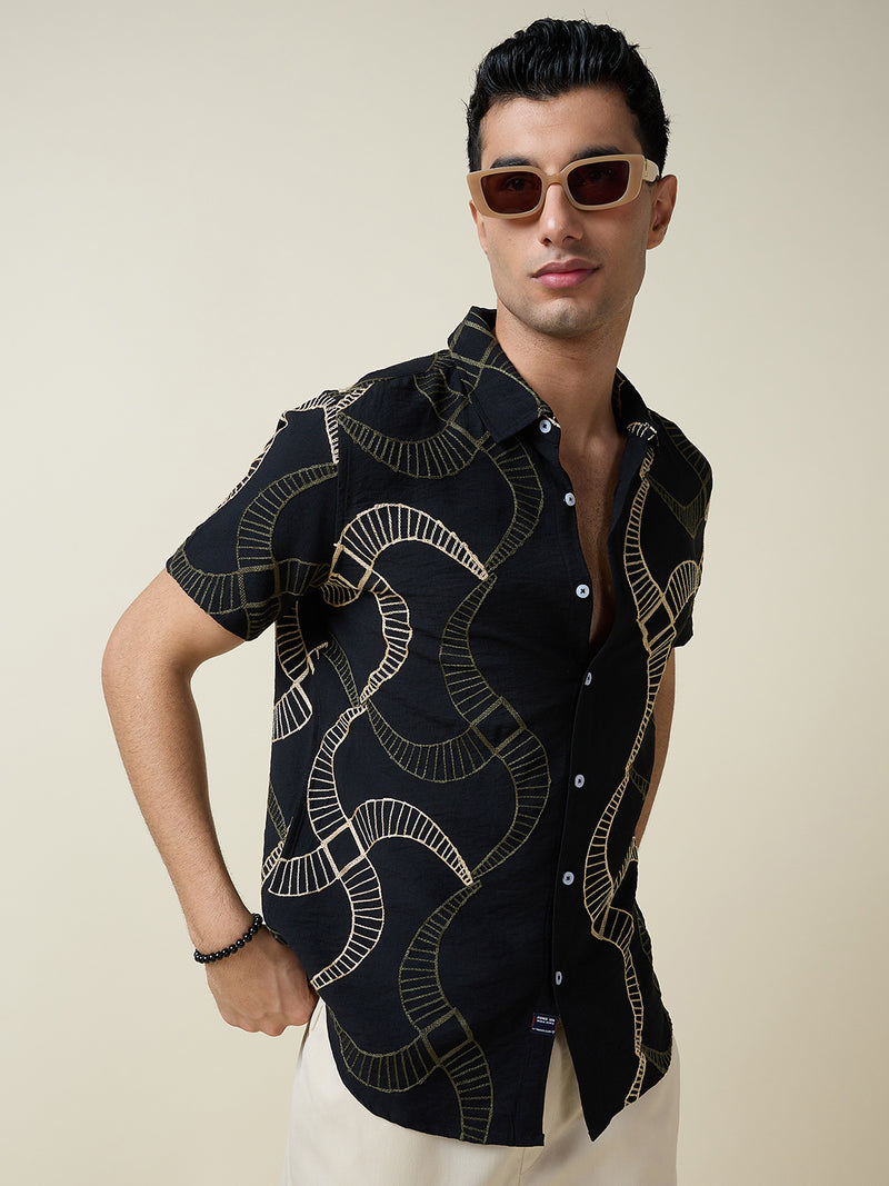 Thomas Scott Men Black Short Sleeves Spread Collar Slim Fit Embroidered Shirt