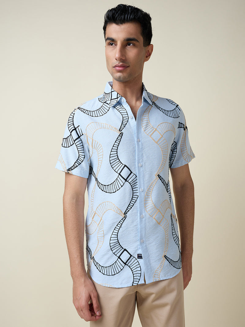 Thomas Scott Men Blue Short Sleeves Spread Collar Slim Fit Embroidered Shirt