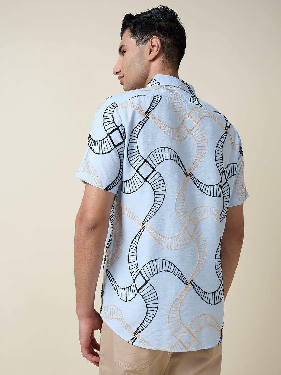 Thomas Scott Men Blue Short Sleeves Spread Collar Slim Fit Embroidered Shirt