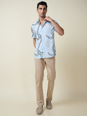 Thomas Scott Men Blue Short Sleeves Spread Collar Slim Fit Embroidered Shirt