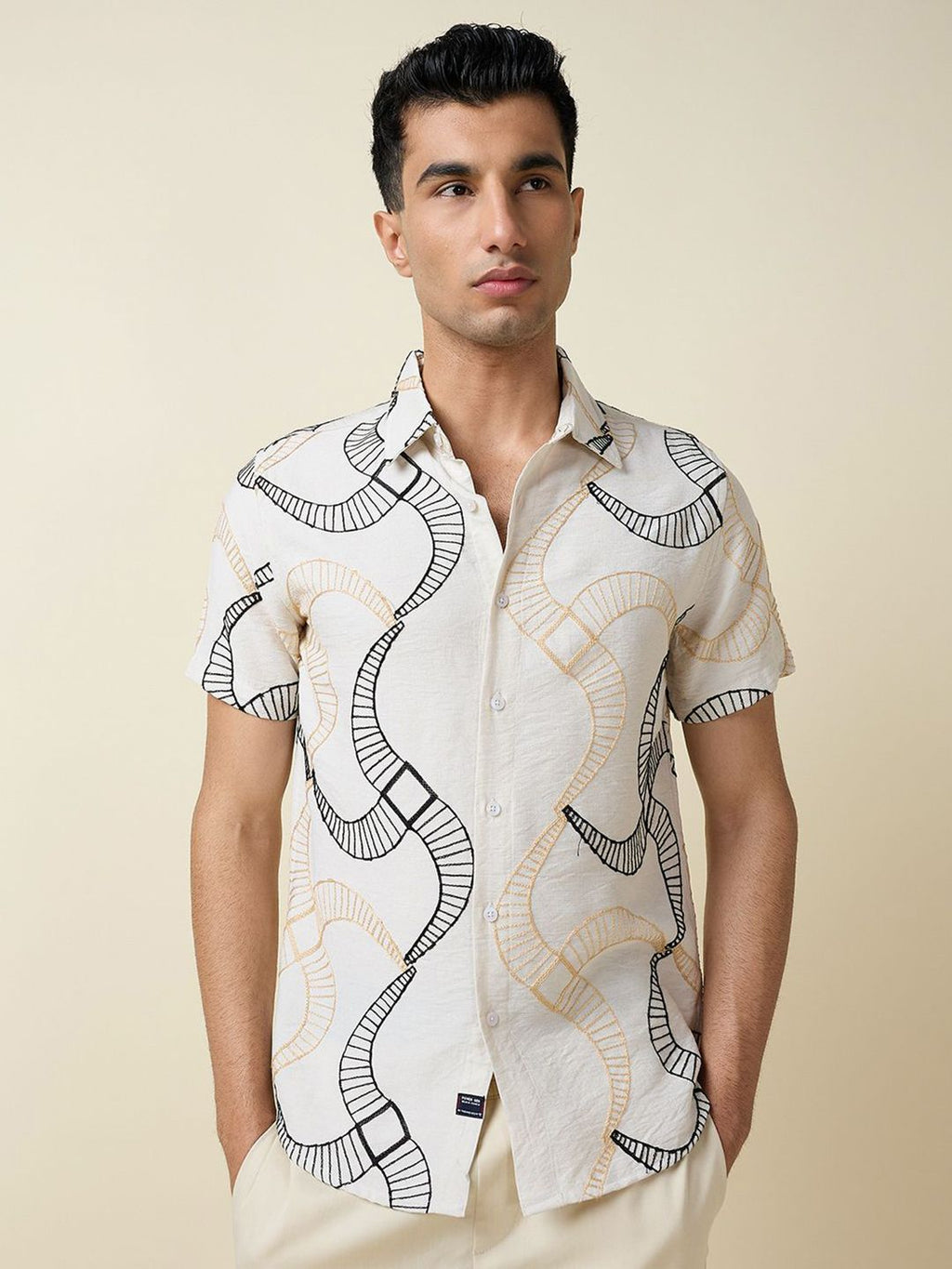 Beige Short Sleeves Spread Collar Slim Fit Embroidered Shirt For Men