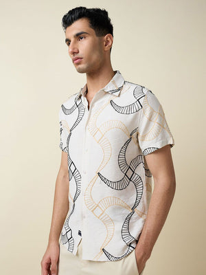 Beige Short Sleeves Spread Collar Slim Fit Embroidered Shirt For Men