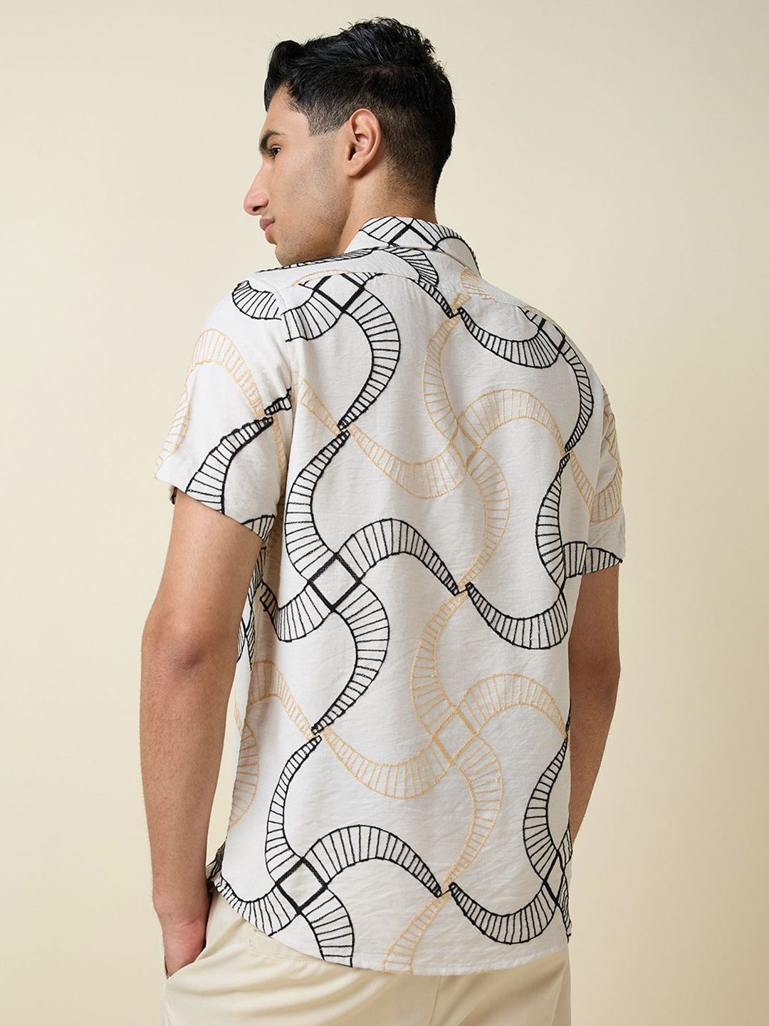 Beige Short Sleeves Spread Collar Slim Fit Embroidered Shirt For Men