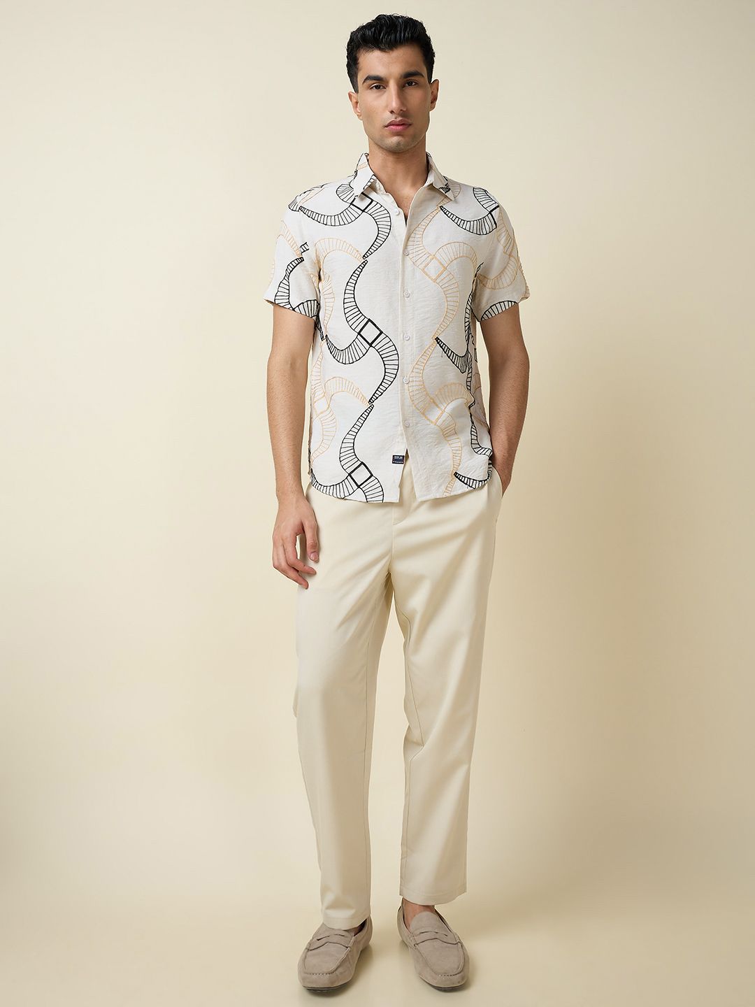 Beige Short Sleeves Spread Collar Slim Fit Embroidered Shirt For Men