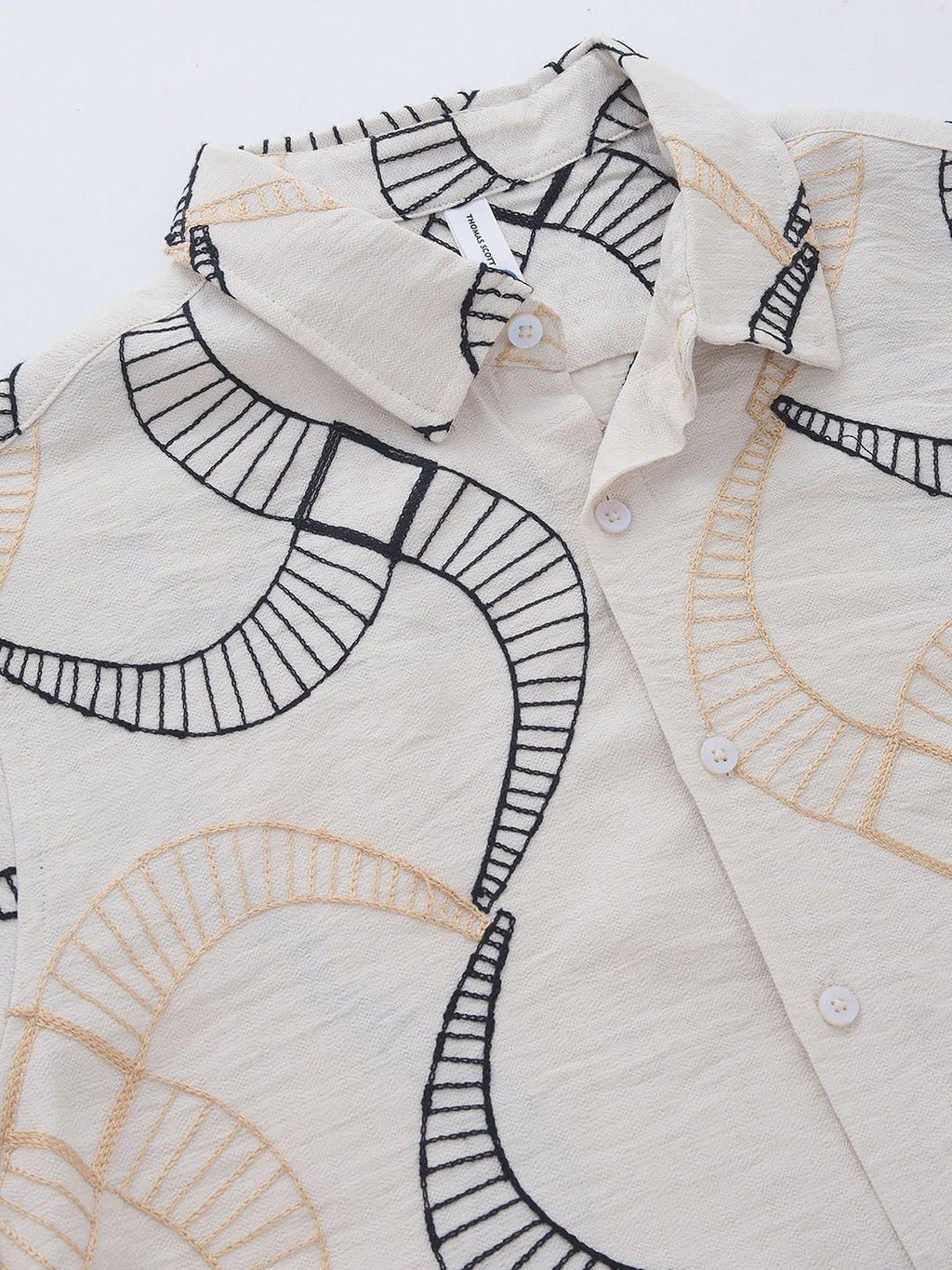 Beige Short Sleeves Spread Collar Slim Fit Embroidered Shirt For Men