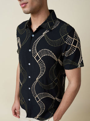 Black Short Sleeves Spread Collar Slim Fit Embroidered Shirt For Men