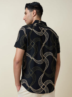 Black Short Sleeves Spread Collar Slim Fit Embroidered Shirt For Men