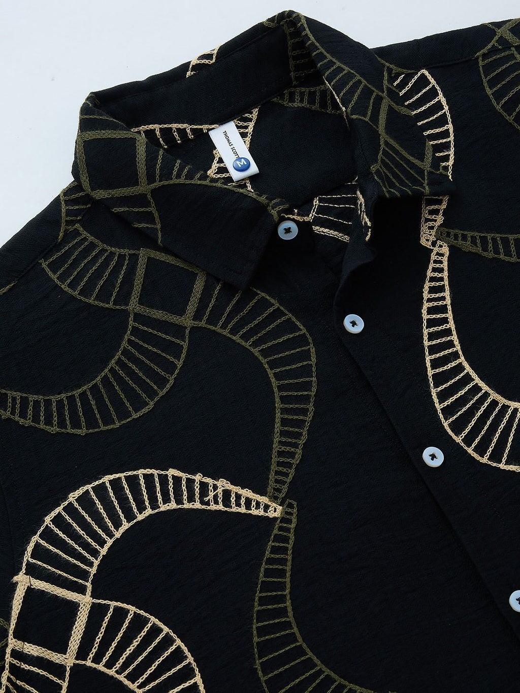 Black Short Sleeves Spread Collar Slim Fit Embroidered Shirt For Men