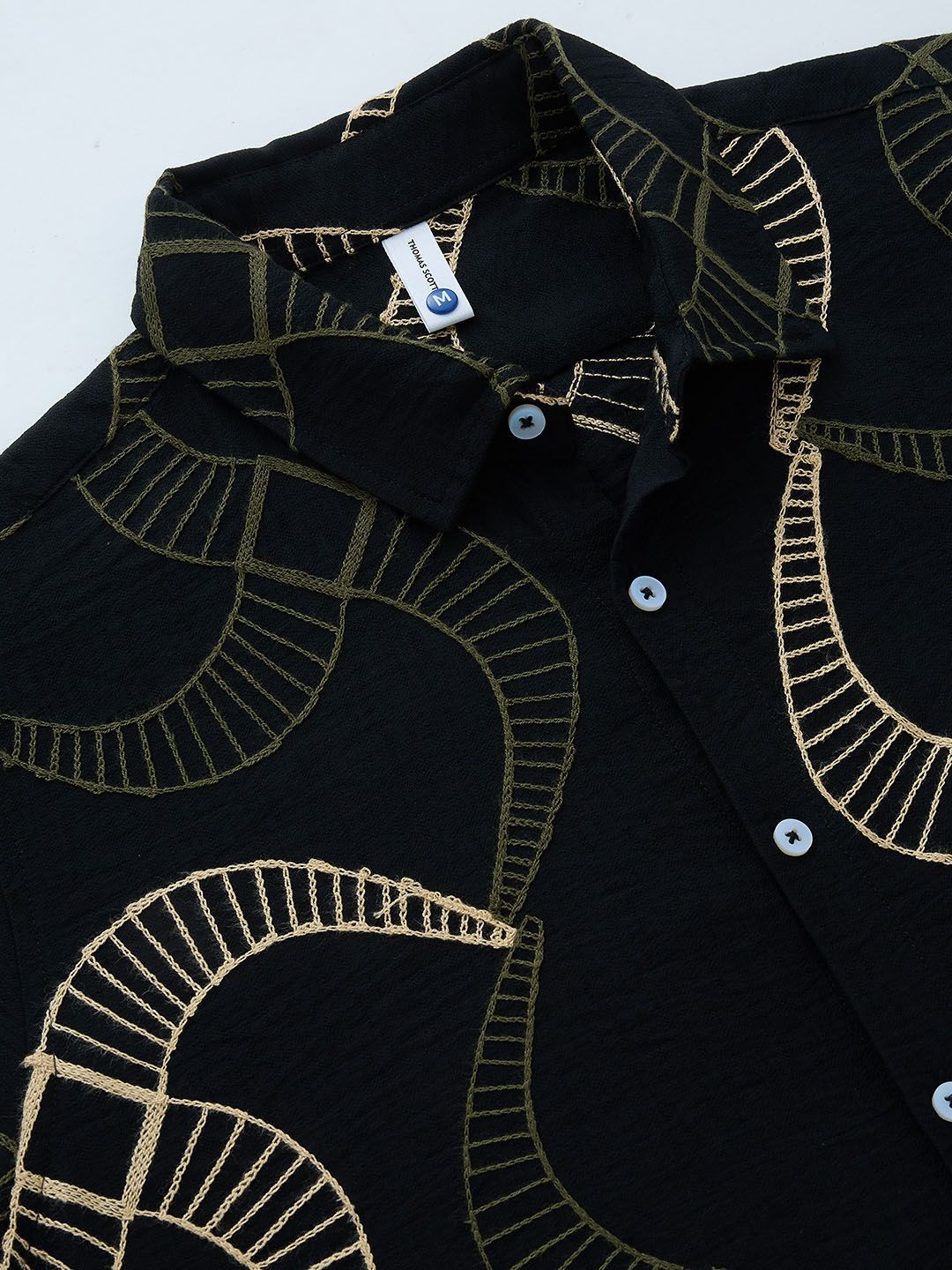 Black Short Sleeves Spread Collar Slim Fit Embroidered Shirt For Men