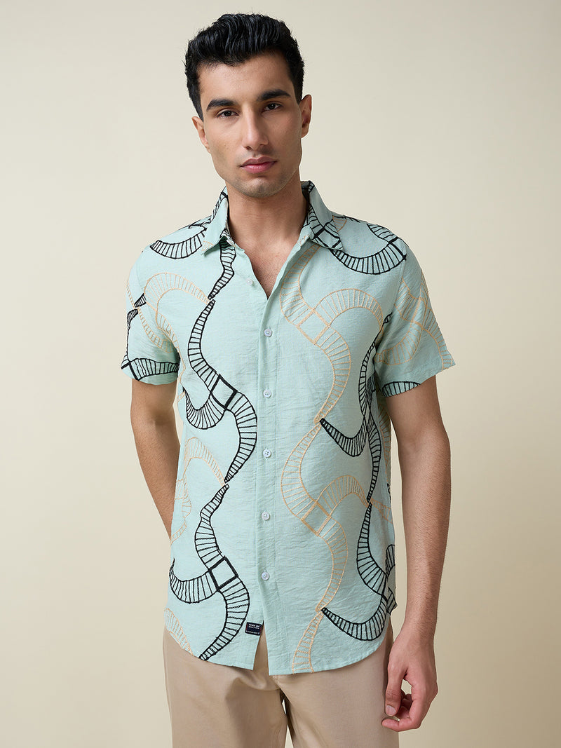 Thomas Scott Men Green Short Sleeves Spread Collar Slim Fit Embroidered Shirt