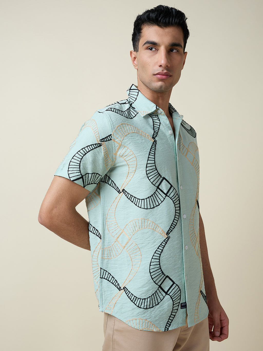 Thomas Scott Men Green Short Sleeves Spread Collar Slim Fit Embroidered Shirt