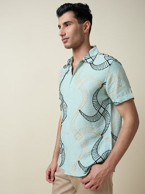 Thomas Scott Men Green Short Sleeves Spread Collar Slim Fit Embroidered Shirt