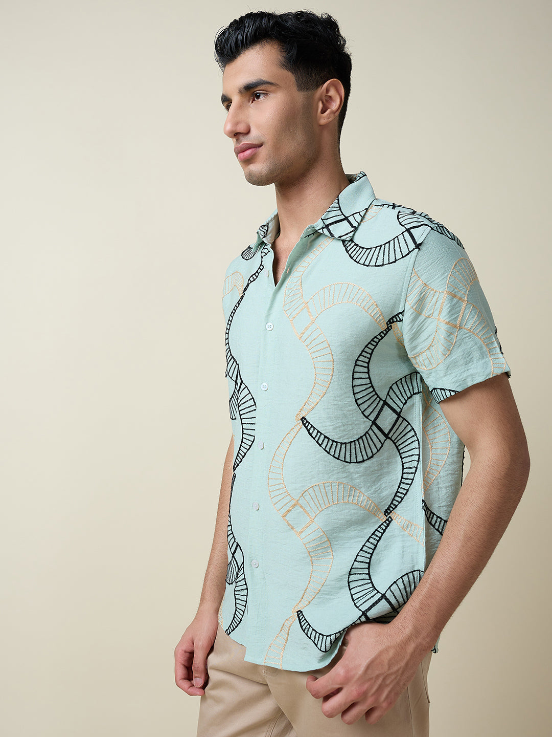 Thomas Scott Men Green Short Sleeves Spread Collar Slim Fit Embroidered Shirt