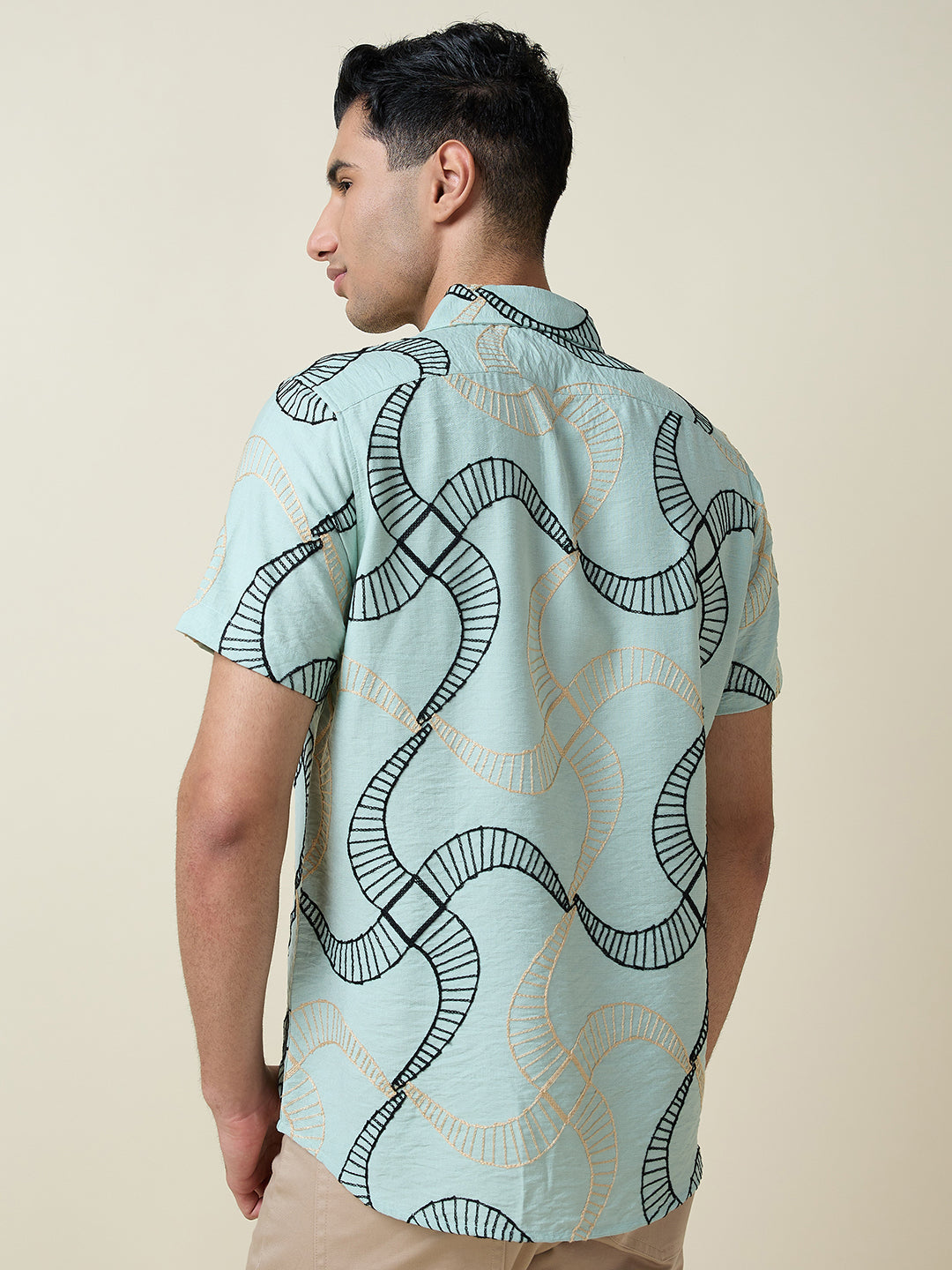 Thomas Scott Men Green Short Sleeves Spread Collar Slim Fit Embroidered Shirt