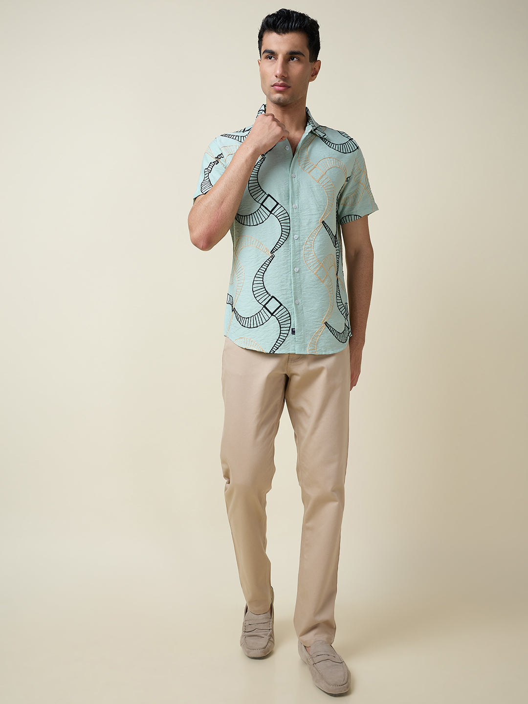 Thomas Scott Men Green Short Sleeves Spread Collar Slim Fit Embroidered Shirt