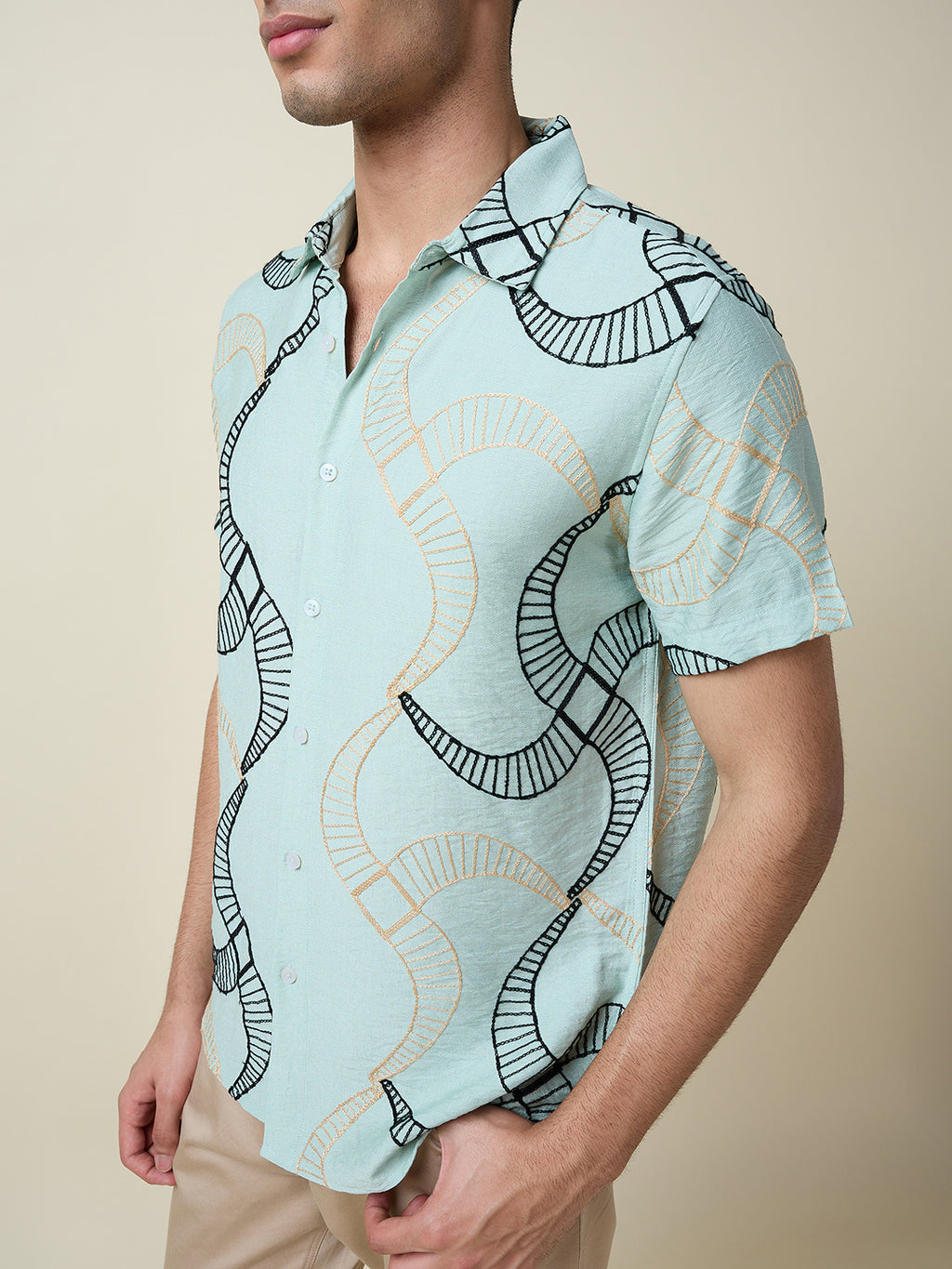 Thomas Scott Men Green Short Sleeves Spread Collar Slim Fit Embroidered Shirt