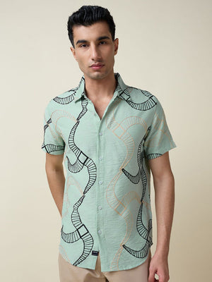 Green Short Sleeves Spread Collar Slim Fit Embroidered Shirt For Men