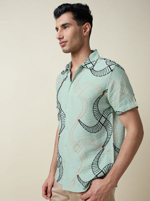 Green Short Sleeves Spread Collar Slim Fit Embroidered Shirt For Men