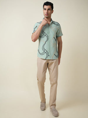 Green Short Sleeves Spread Collar Slim Fit Embroidered Shirt For Men