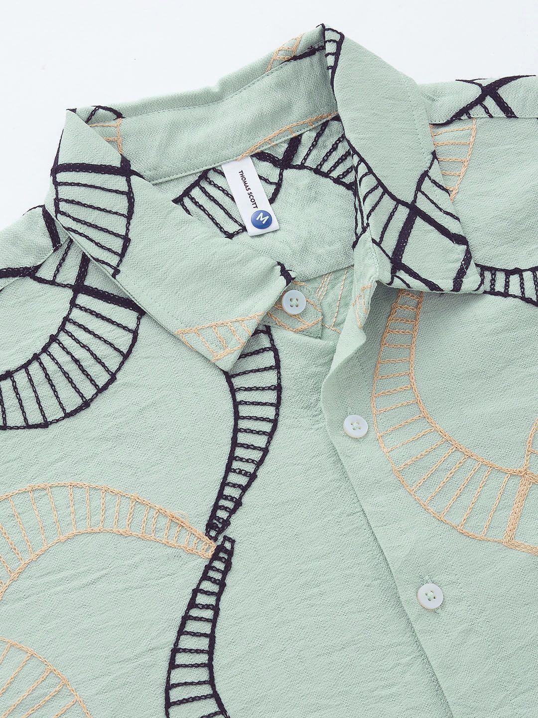 Green Short Sleeves Spread Collar Slim Fit Embroidered Shirt For Men