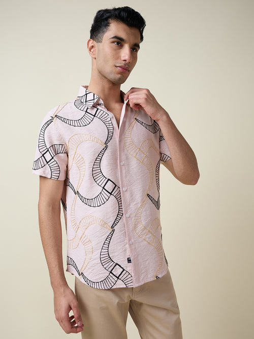 Thomas Scott Men Pink Short Sleeves Spread Collar Slim Fit Embroidered Shirt
