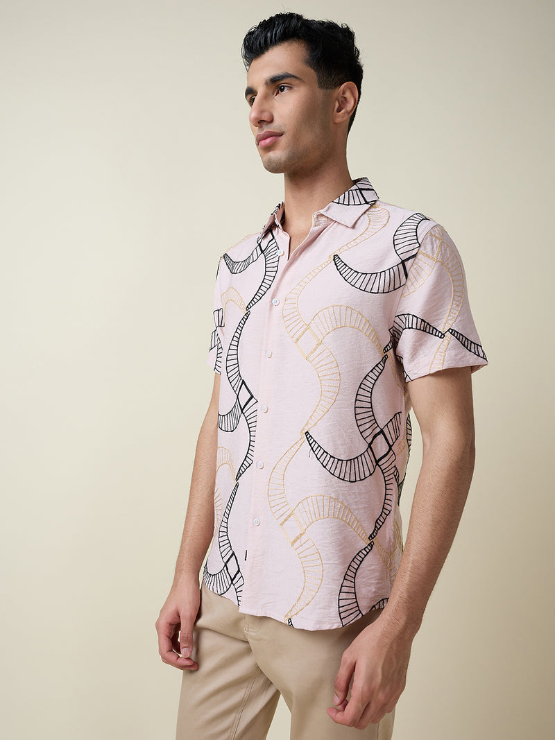 Thomas Scott Men Pink Short Sleeves Spread Collar Slim Fit Embroidered Shirt
