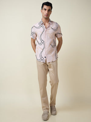 Thomas Scott Men Pink Short Sleeves Spread Collar Slim Fit Embroidered Shirt