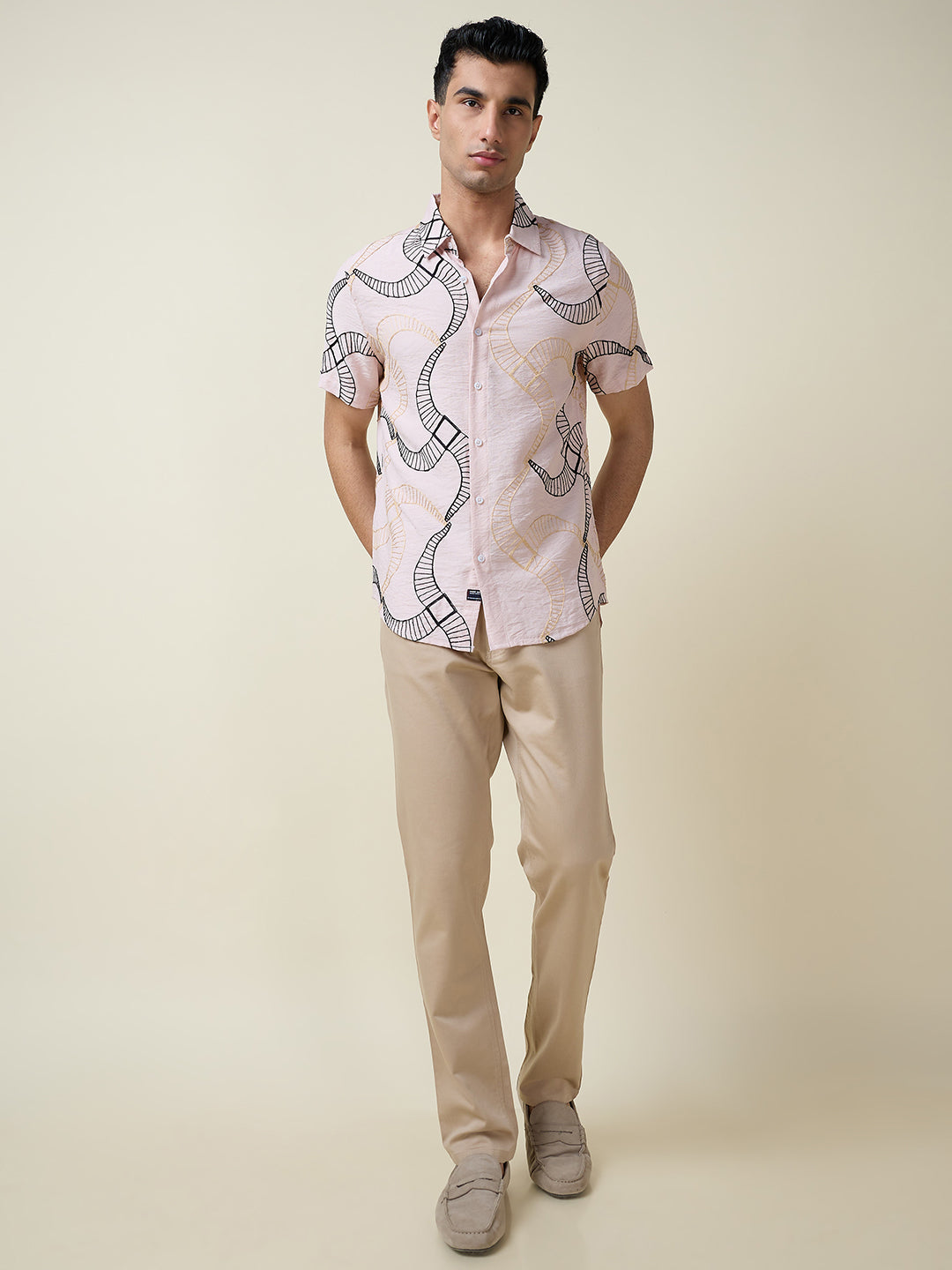 Thomas Scott Men Pink Short Sleeves Spread Collar Slim Fit Embroidered Shirt