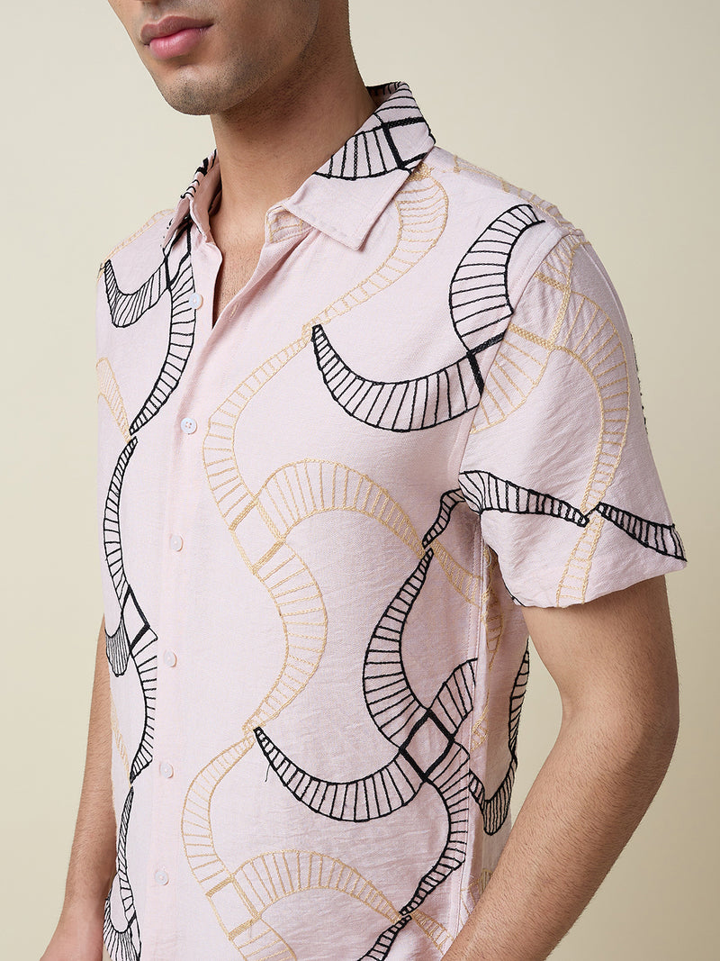 Thomas Scott Men Pink Short Sleeves Spread Collar Slim Fit Embroidered Shirt