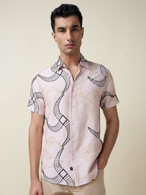 Pink Short Sleeves Spread Collar Slim Fit Embroidered Shirt For Men