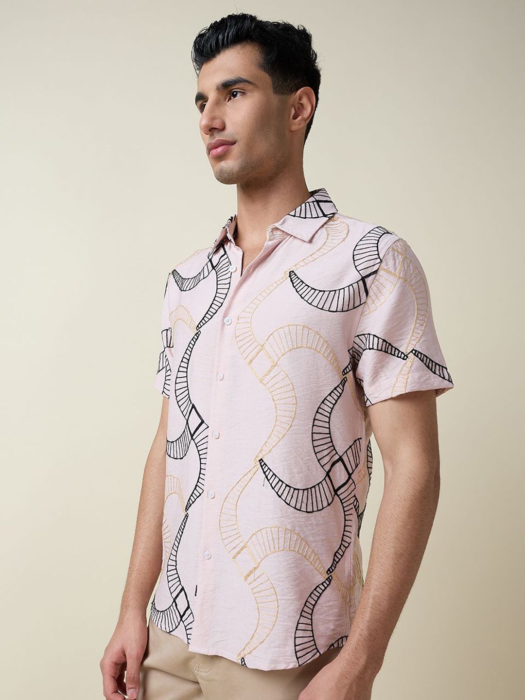 Pink Short Sleeves Spread Collar Slim Fit Embroidered Shirt For Men