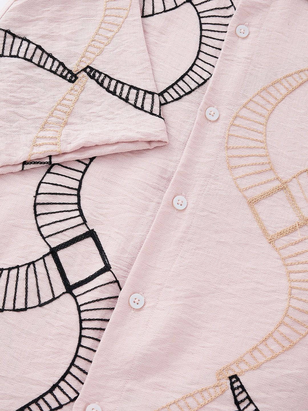Pink Short Sleeves Spread Collar Slim Fit Embroidered Shirt For Men