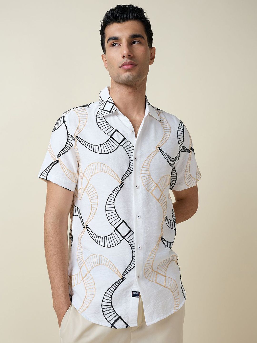 White Short Sleeves Spread Collar Slim Fit Embroidered Shirt For Men
