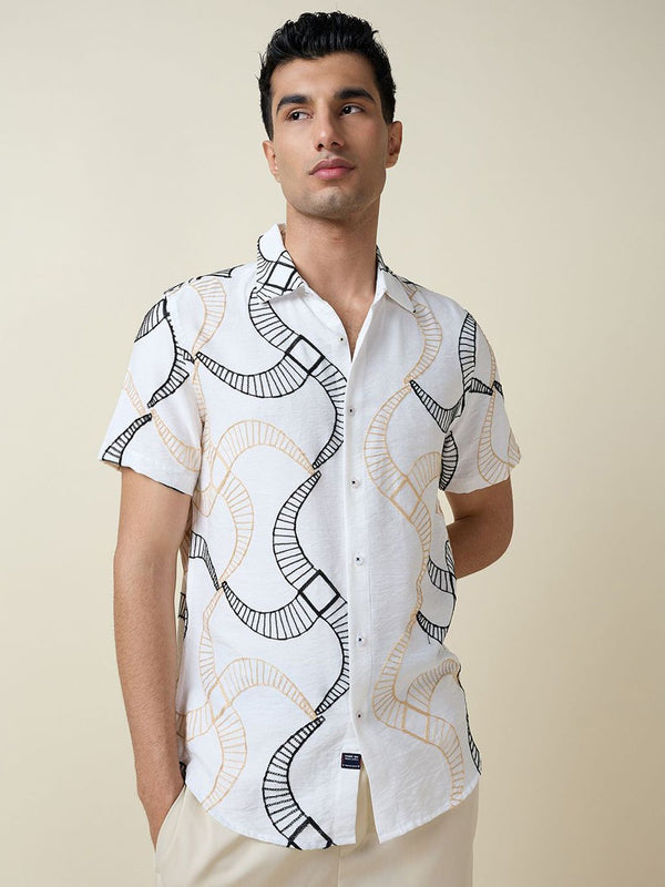 White Short Sleeves Spread Collar Slim Fit Embroidered Shirt For Men