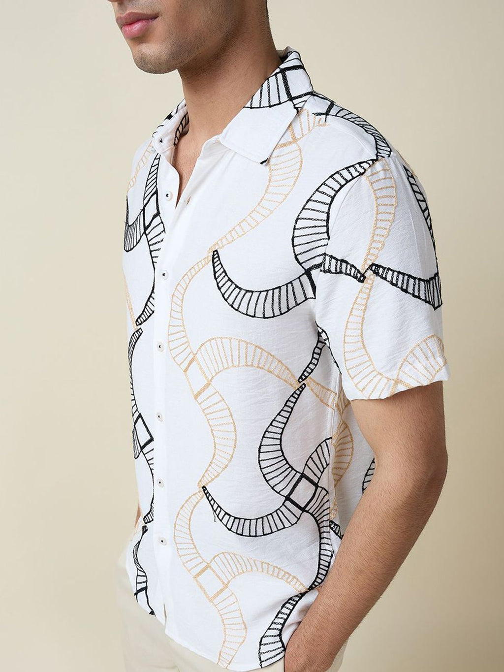 White Short Sleeves Spread Collar Slim Fit Embroidered Shirt For Men