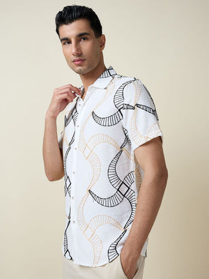 White Short Sleeves Spread Collar Slim Fit Embroidered Shirt For Men