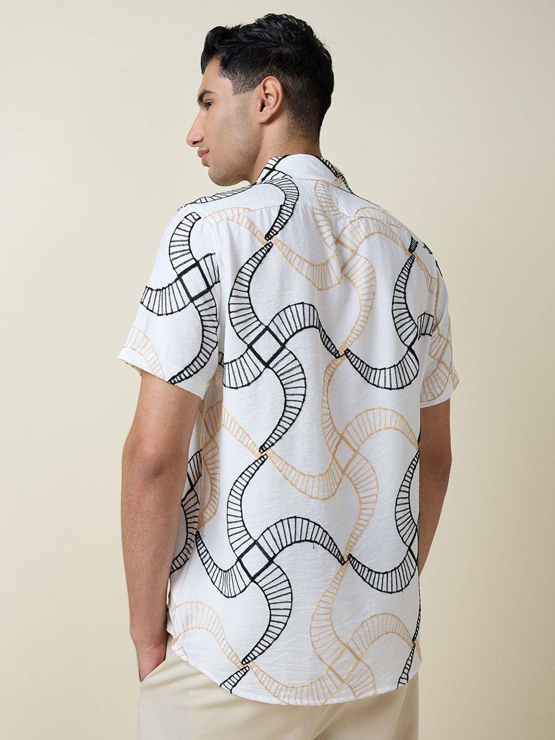 White Short Sleeves Spread Collar Slim Fit Embroidered Shirt For Men