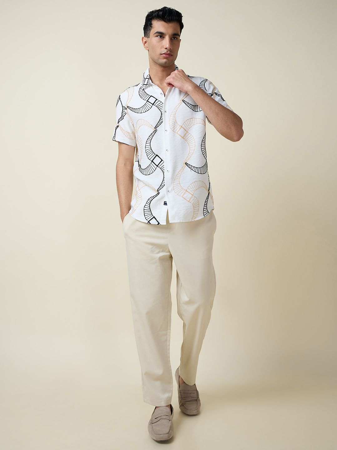 White Short Sleeves Spread Collar Slim Fit Embroidered Shirt For Men