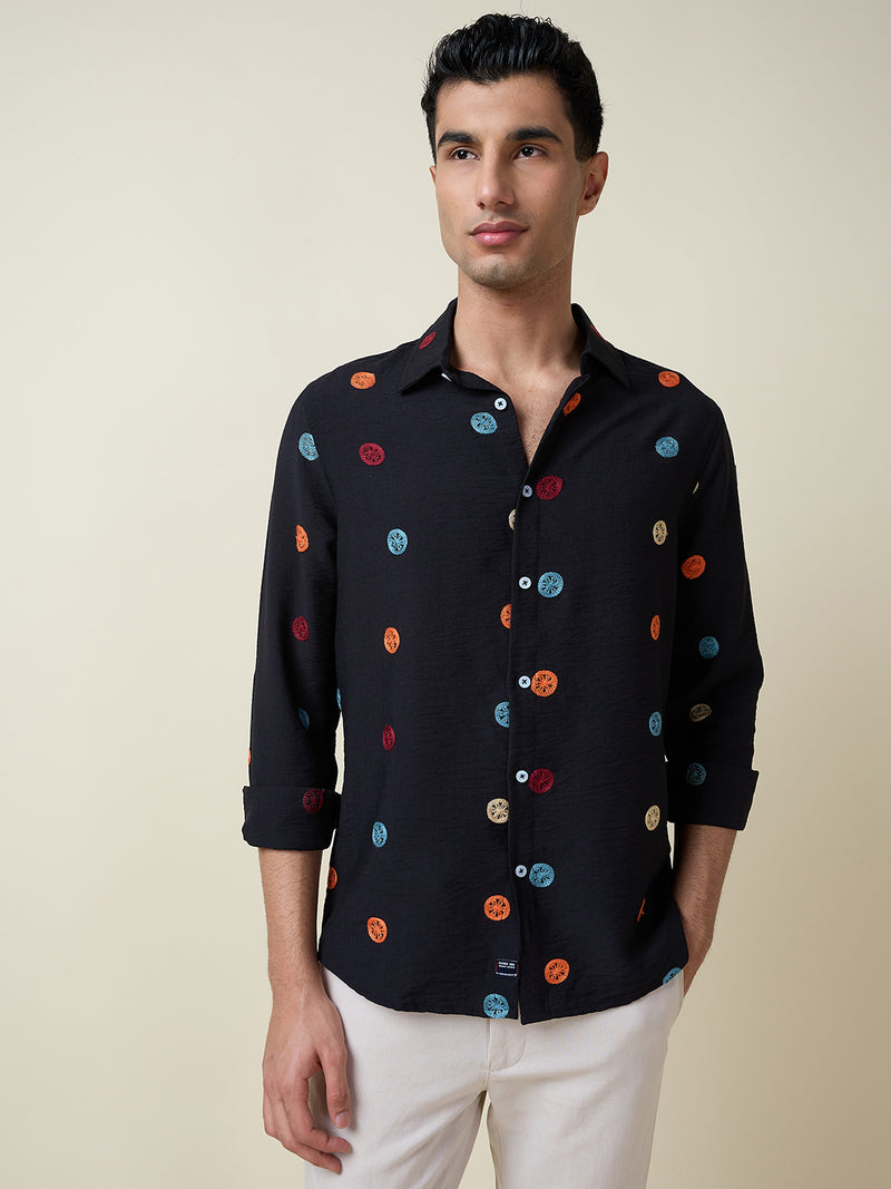 Thomas Scott Men Black Long Sleeves Spread Collar Slim Fit Embroidered Shirt