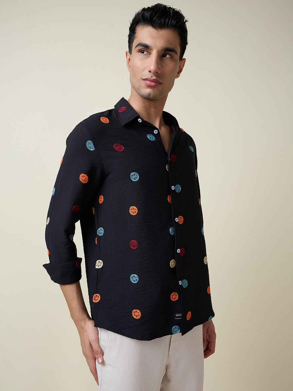 Thomas Scott Men Black Long Sleeves Spread Collar Slim Fit Embroidered Shirt