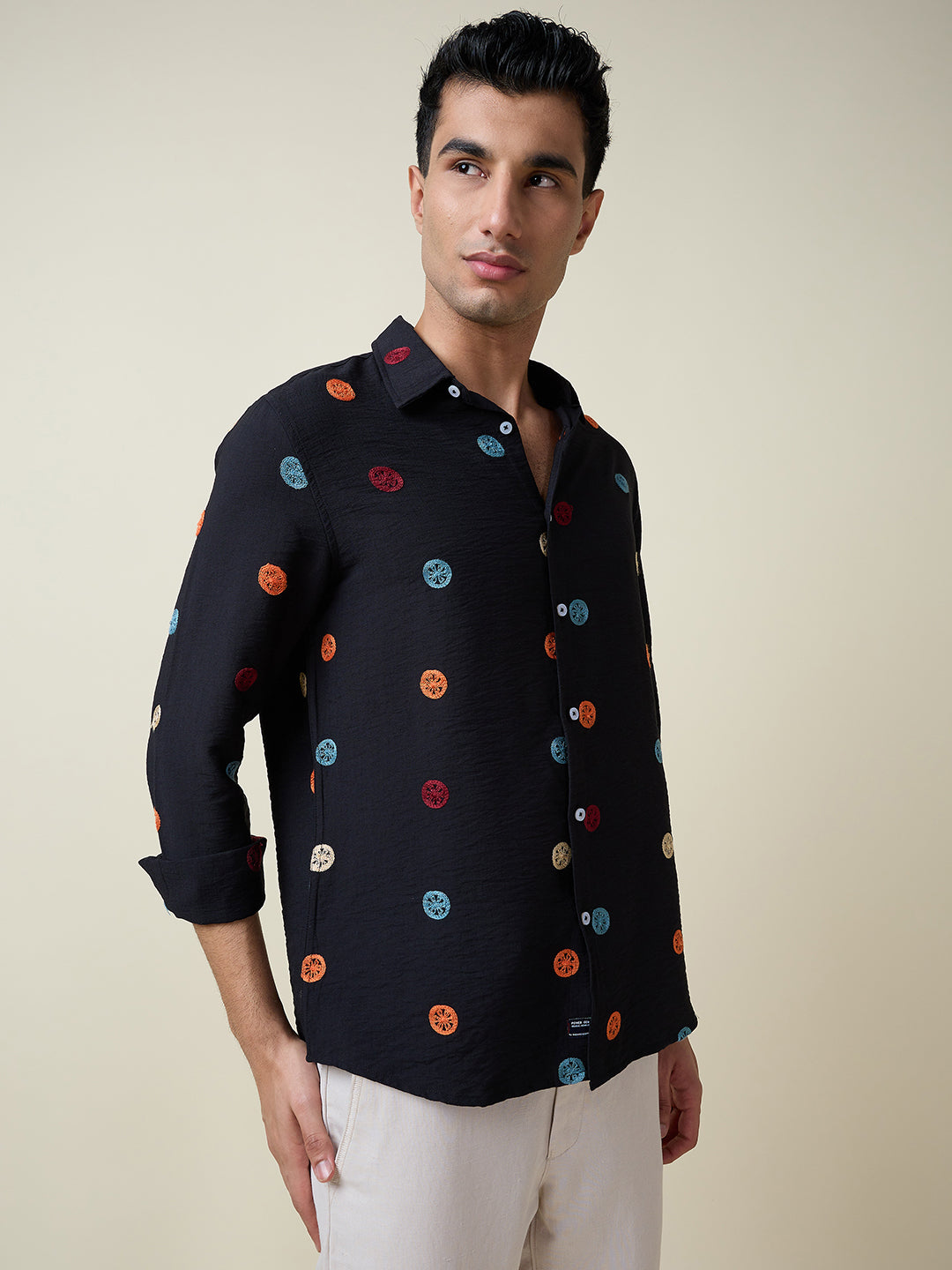 Thomas Scott Men Black Long Sleeves Spread Collar Slim Fit Embroidered Shirt